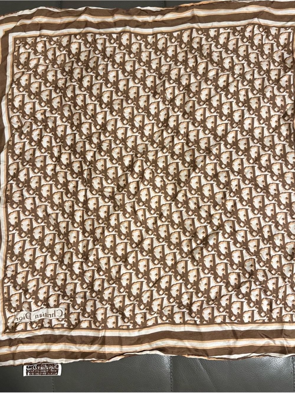 Dior Vintage Cream and Brown Signature Logo silk scarf